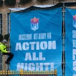 Düsseldorf 06.02.2023 NFL National Football League Hauptquartier soll nach Düsseldorf kommen Bühnenaufbau zu Karneval Marktplatz Rathaus Düsseldorf Nordrhein-Westfalen Deutschland *** Düsseldorf 06 02 2023 NFL National Football League headquarters to come to Düsseldorf stage construction to carnival marketplace city hall Düsseldorf North Rhine Westphalia Germany