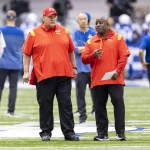 September 25, 2022: Kansas City Chiefs head coach Andy Reid and Offensive Coordinator Eric Bieniemy during pregame of NFL, American Football Herren, USA football game action between the Kansas City Chiefs and the Indianapolis Colts at Lucas Oil Stadium in Indianapolis, Indiana. Indianapolis defeated Kansas City 20-17. /CSM. USA - ZUMAc04_ 20220925_zaf_c04_183 Copyright: xJohnxMersitsx