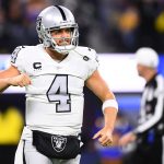 INGLEWOOD, CA - DECEMBER 08: Oakland Raiders quarterback Derek Carr 4 celebrates a touchdown during the NFL, American Football Herren, USA game between the Oakland Raiders and the Los Angeles Rams on December 8, 2022, at SoFi Stadium in Inglewood, CA. Photo by Brian Rothmuller/Icon Sportswire NFL: DEC 08 Raiders at Rams Icon221208015