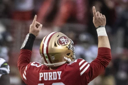San Francisco 49ers quarterback Brock Purdy 13 celebrates after a 74 yard touchdown pass to wide receiver Deebo Samuel in the fourth quarter against the Seattle Seahawks in the NFC Wildcard game at Levi s Stadium in Santa Clara, California on Saturday, January 14, 2023. The 49ers defeated the Seahawks 41 - NFL Woche 16