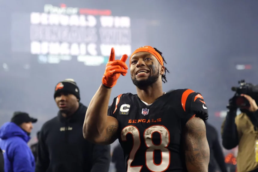 NFL, American Football Herren, USA Baltimore Ravens at Cincinnati Bengals Jan 15, 2023 Cincinnati, Ohio, USA Cincinnati Bengals running back Joe Mixon 28 celebrates after defeating the Baltimore Ravens in a wild card game at Paycor Stadium. Cincinnati Paycor Stadium Ohio USA, EDITORIAL USE ONLY PUBLICATIONxINxGERxSUIxAUTxONLY Copyright: xKatiexStratmanx 20230115_ojr_gt1_156