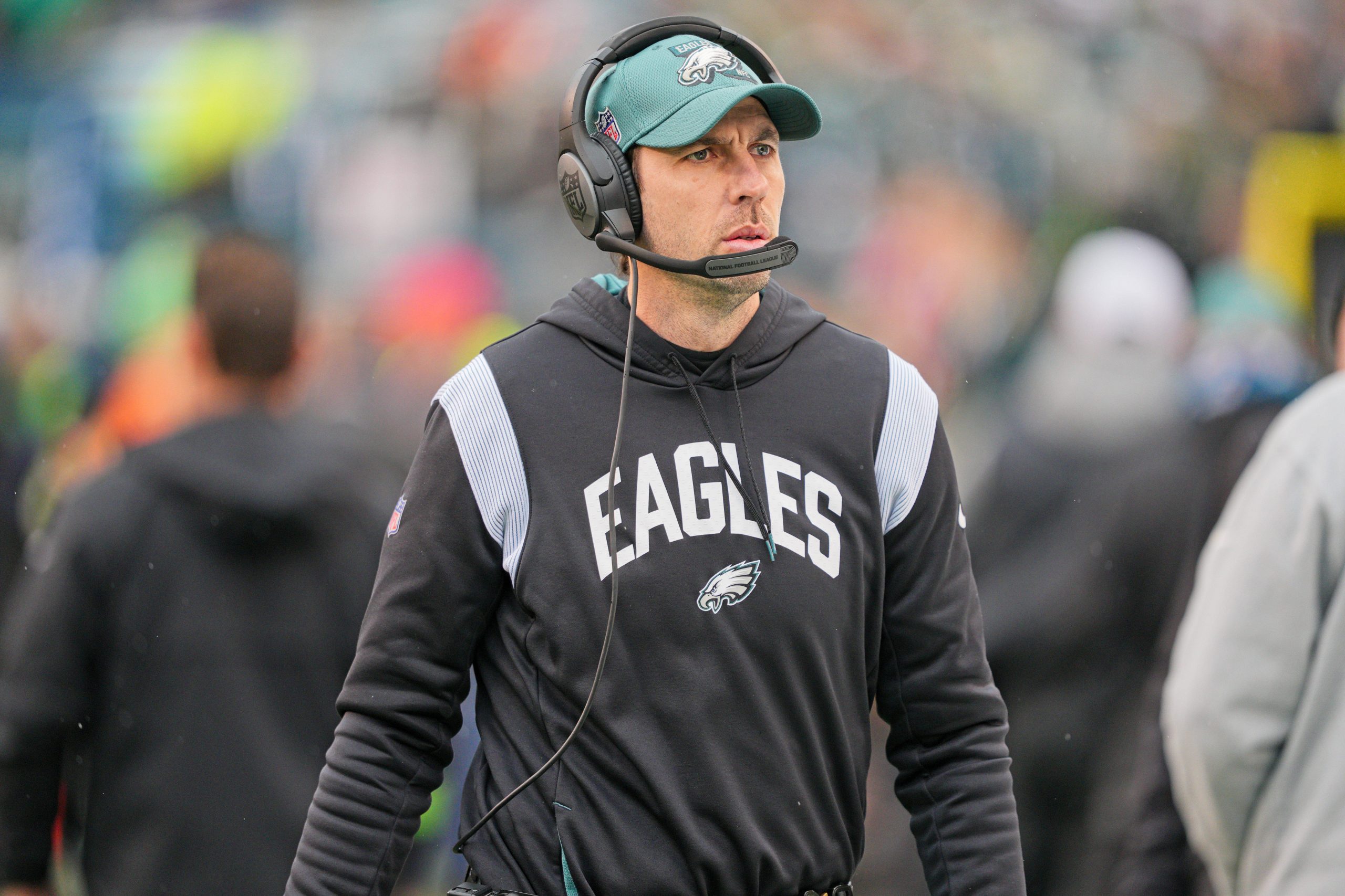 PHILADELPHIA, PA - JANUARY 29: Philadelphia Eagles offensive coordinator Shane Steichen looks on during the Championship game between the San Fransisco 49ers and the Philadelphia Eagles on January 29, 2023. Photo by Andy Lewis/Icon Sportswire NFL, American Football Herren, USA JAN 29 NFC Championship - 49ers at Eagles Icon230129016