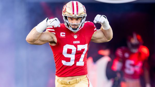 SANTA CLARA, CA - JANUARY 22: San Francisco 49ers defensive end Nick Bosa 97 runs onto the field during the NFL, American Football Herren, USA NFC Divisional Playoff game between the Dallas Cowboys and San Francisco 49ers at Levis Stadium in Santa Clara, CA. Photo by Bob Kupbens/Icon Sportswire NFL: JAN 22 NFC Divisional Playoffs - TBD at 49ers Icon230122125