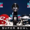 The Vince Lombardi Trophy stands between the Philadelphia Eagles and Kansas City Chiefs helmets before a Super Bowl press conference, PK, Pressekonferenz in the media center in Phoenix, Arizona on Wednesday, February 8, 2023. The Philadelphia Eagles will play the Kansas City Chiefs in Super Bowl LVII at State Farm Stadium in Glendale, Arizona on Sunday, February 12th, 2023. PUBLICATIONxINxGERxSUIxAUTxHUNxONLY SBP20230208118 JOHNxANGELILLO