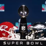The Vince Lombardi Trophy stands between the Philadelphia Eagles and Kansas City Chiefs helmets before a Super Bowl press conference, PK, Pressekonferenz in the media center in Phoenix, Arizona on Wednesday, February 8, 2023. The Philadelphia Eagles will play the Kansas City Chiefs in Super Bowl LVII at State Farm Stadium in Glendale, Arizona on Sunday, February 12th, 2023. PUBLICATIONxINxGERxSUIxAUTxHUNxONLY SBP20230208118 JOHNxANGELILLO