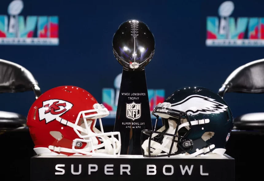 The Vince Lombardi Trophy stands between the Philadelphia Eagles and Kansas City Chiefs helmets before a Super Bowl press conference, PK, Pressekonferenz in the media center in Phoenix, Arizona on Wednesday, February 8, 2023. The Philadelphia Eagles will play the Kansas City Chiefs in Super Bowl LVII at State Farm Stadium in Glendale, Arizona on Sunday, February 12th, 2023. PUBLICATIONxINxGERxSUIxAUTxHUNxONLY SBP20230208118 JOHNxANGELILLO
