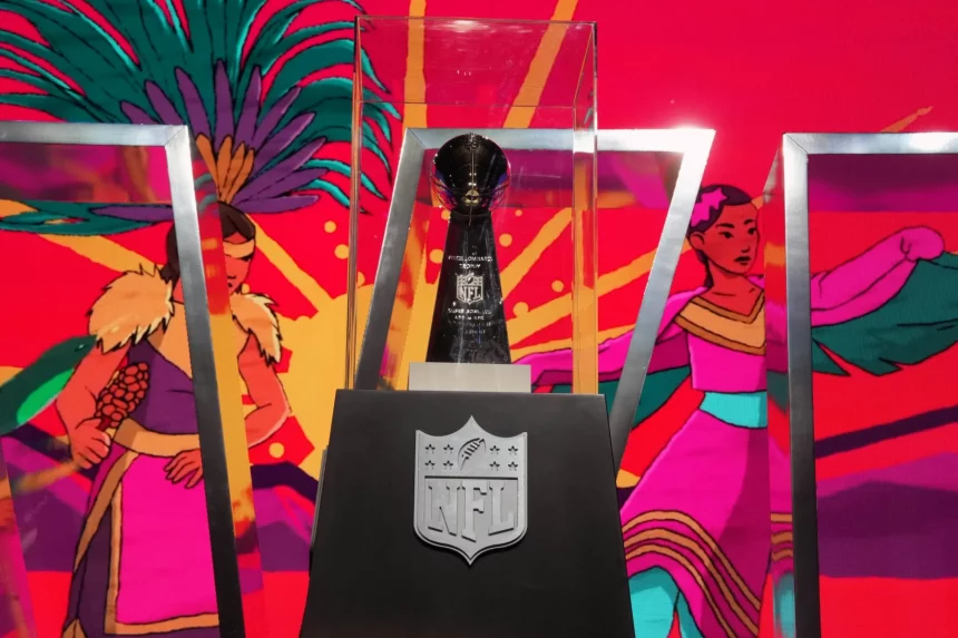 FootballR - NFL - Super Bowl LVIII - Super Bowl 2024 - Die NFL-Super-Bowl-Trophäe ist ausgestellt.