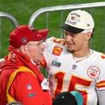Kansas City Chiefs quarterback Patrick Mahomes 15 celebrates with coach Andy Reid after defeating the Philadelphia Eagles 38-35 in Super Bowl LVII at State Farm Stadium in Glendale, Arizona, on Sunday, February 12, 2023. PUBLICATIONxINxGERxSUIxAUTxHUNxONLY SBP20230212467 JONxSOOHOO