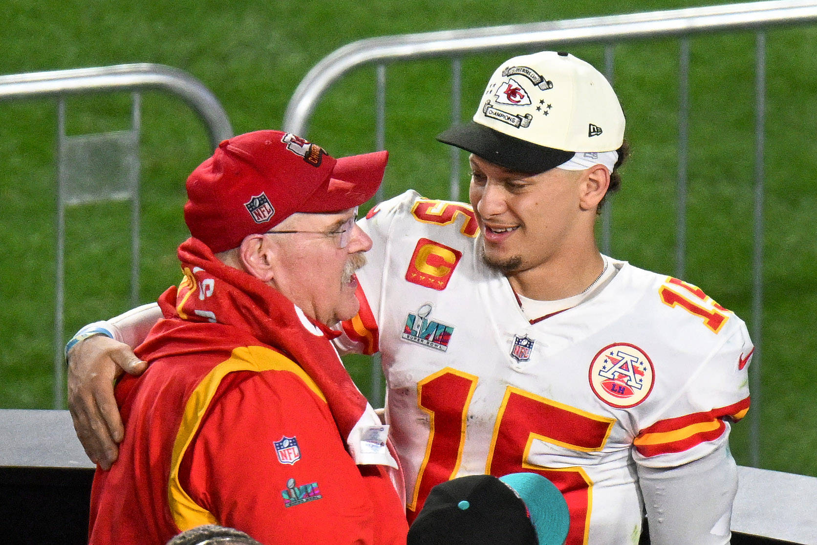 Kansas City Chiefs quarterback Patrick Mahomes 15 celebrates with coach Andy Reid after defeating the Philadelphia Eagles 38-35 in Super Bowl LVII at State Farm Stadium in Glendale, Arizona, on Sunday, February 12, 2023. PUBLICATIONxINxGERxSUIxAUTxHUNxONLY SBP20230212467 JONxSOOHOO