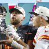 NFL Kickoff 2023 - Kansas City Chiefs quarterback Patrick Mahomes 15 and tight end Travis Kelce celebrate with the the Lombardi Trophy after winning Super Bowl LVII 38-35 over the Philadelphia Eagles at State Farm Stadium in Glendale, Arizona, on Sunday, February 12, 2023. PUBLICATIONxINxGERxSUIxAUTxHUNxONLY SBP202302121054 JOHNxANGELILLO