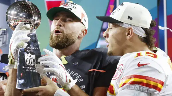 NFL Kickoff 2023 - Kansas City Chiefs quarterback Patrick Mahomes 15 and tight end Travis Kelce celebrate with the the Lombardi Trophy after winning Super Bowl LVII 38-35 over the Philadelphia Eagles at State Farm Stadium in Glendale, Arizona, on Sunday, February 12, 2023. PUBLICATIONxINxGERxSUIxAUTxHUNxONLY SBP202302121054 JOHNxANGELILLO