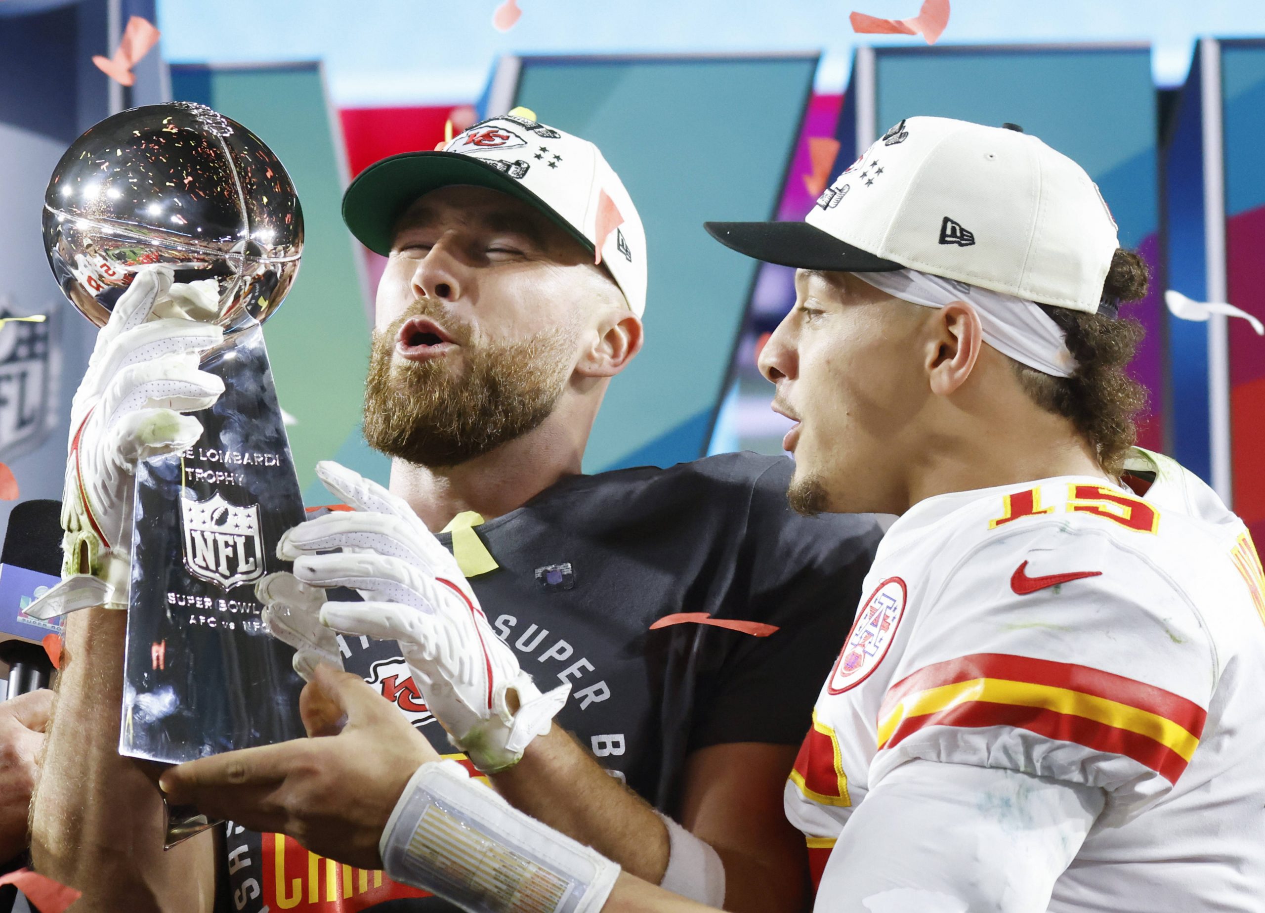 NFL Kickoff 2023 - Kansas City Chiefs quarterback Patrick Mahomes 15 and tight end Travis Kelce celebrate with the the Lombardi Trophy after winning Super Bowl LVII 38-35 over the Philadelphia Eagles at State Farm Stadium in Glendale, Arizona, on Sunday, February 12, 2023. PUBLICATIONxINxGERxSUIxAUTxHUNxONLY SBP202302121054 JOHNxANGELILLO