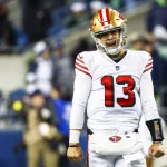 49ers Quarterback Brock Purdy freut sich nach einem TD Pass