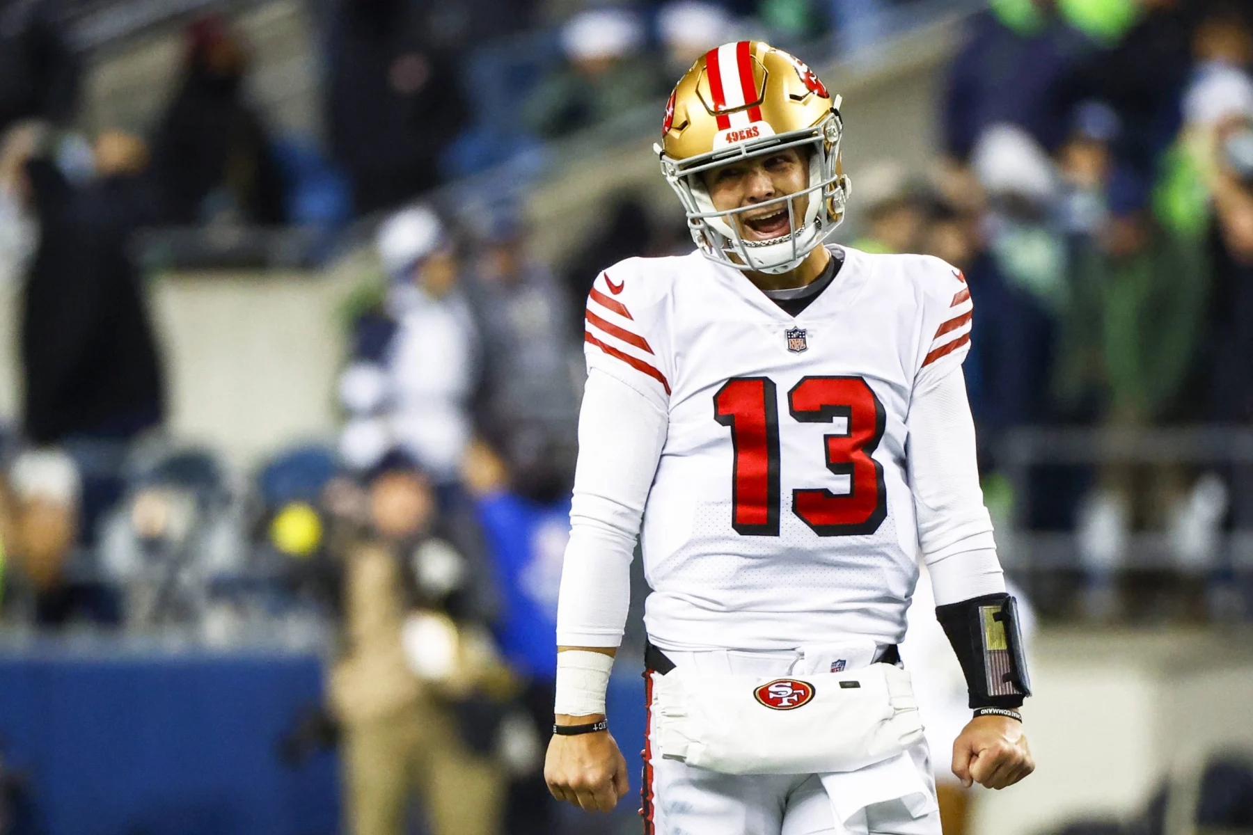 49ers Quarterback Brock Purdy freut sich nach einem TD Pass