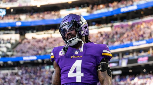 MINNEAPOLIS, MN - JANUARY 15: Minnesota Vikings running back Dalvin Cook 4 looks on before the NFL, American Football Herren, USA game between the New York Giants and Minnesota Vikings on January 15th, 2023, at U.S. Bank Stadium in Minneapolis, MN. Photo by Bailey Hillesheim/Icon Sportswire NFL: JAN 15 NFC Wild Card Playoffs - Giants at Vikings Icon230115057