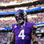 MINNEAPOLIS, MN - JANUARY 15: Minnesota Vikings running back Dalvin Cook 4 looks on before the NFL, American Football Herren, USA game between the New York Giants and Minnesota Vikings on January 15th, 2023, at U.S. Bank Stadium in Minneapolis, MN. Photo by Bailey Hillesheim/Icon Sportswire NFL: JAN 15 NFC Wild Card Playoffs - Giants at Vikings Icon230115057