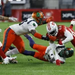 XFL: Seattle Sea Dragons at D.C. Defenders Feb 19, 2023 Washington, DC, USA D.C. Defenders running back Ryquell Armstead 23 dives for a first down against the Seattle Sea Dragons during the fourth quarter at Audi Field. Washington Audi Field DC USA, EDITORIAL USE ONLY PUBLICATIONxINxGERxSUIxAUTxONLY Copyright: xGeoffxBurkex 20230219_gkb_sb4_029