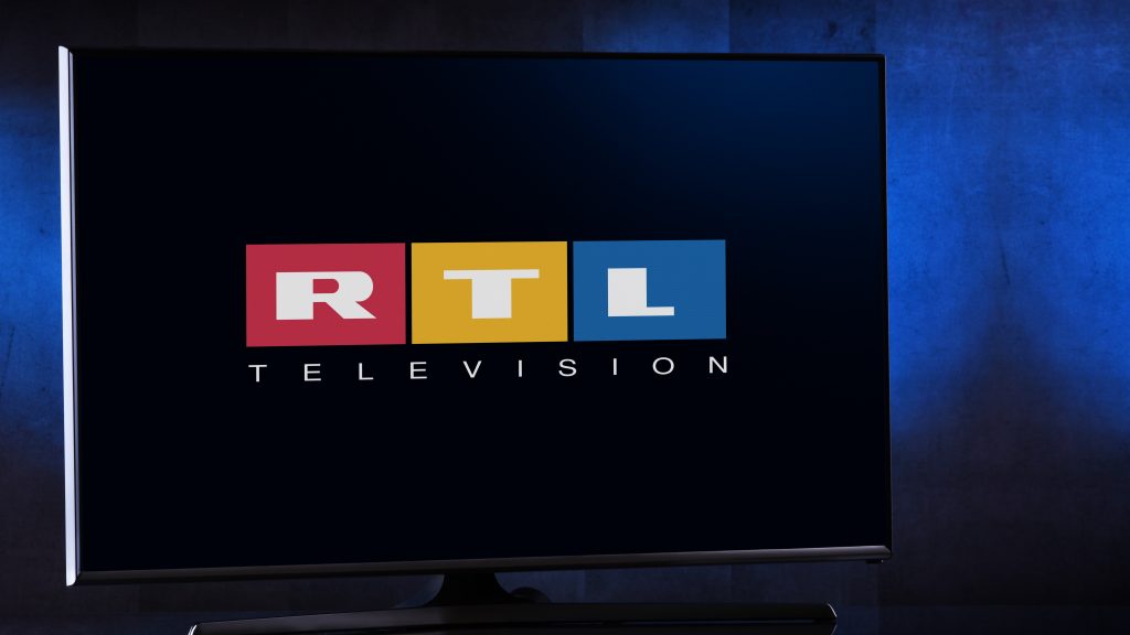 POZNAN, POL - FEB 04, 2020: Flat-screen TV set displaying logo of RTL, a German free-to-air television channel owned by the RTL Group