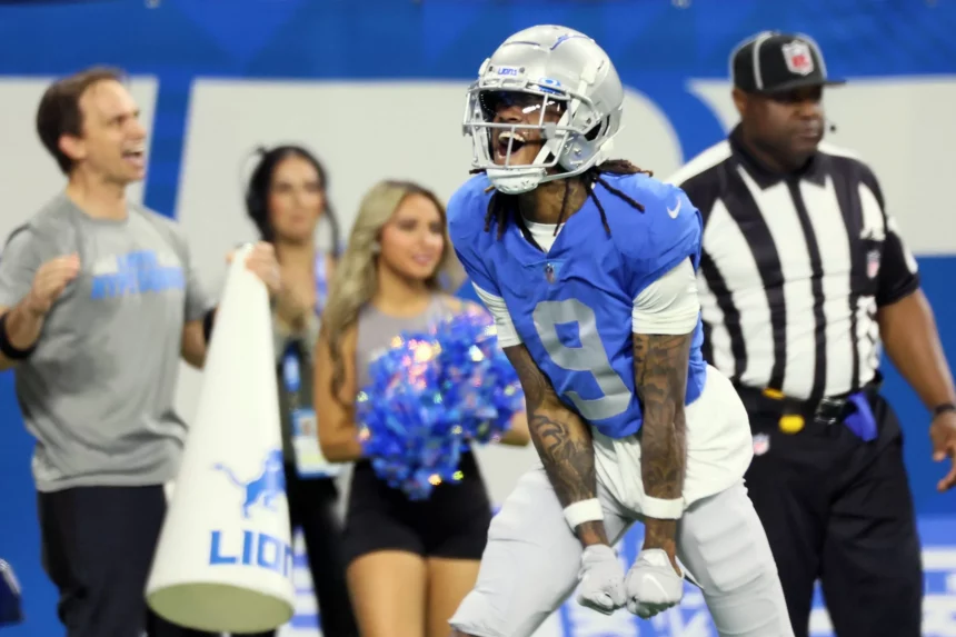Detroit Lions vs Chicago Bears Detroit Lions wide receiver Jameson Williams 9 celebrates a play during an NFL, American Football Herren, USA football game between the Detroit Lions and the Minnesota Vikings in Detroit, Michigan USA, on Sunday, January 1, 2023. Detroit Michigan United States PUBLICATIONxNOTxINxFRA Copyright: xAmyxLemusx originalFilename:lemus-detroitl230101_npqqo.jpg