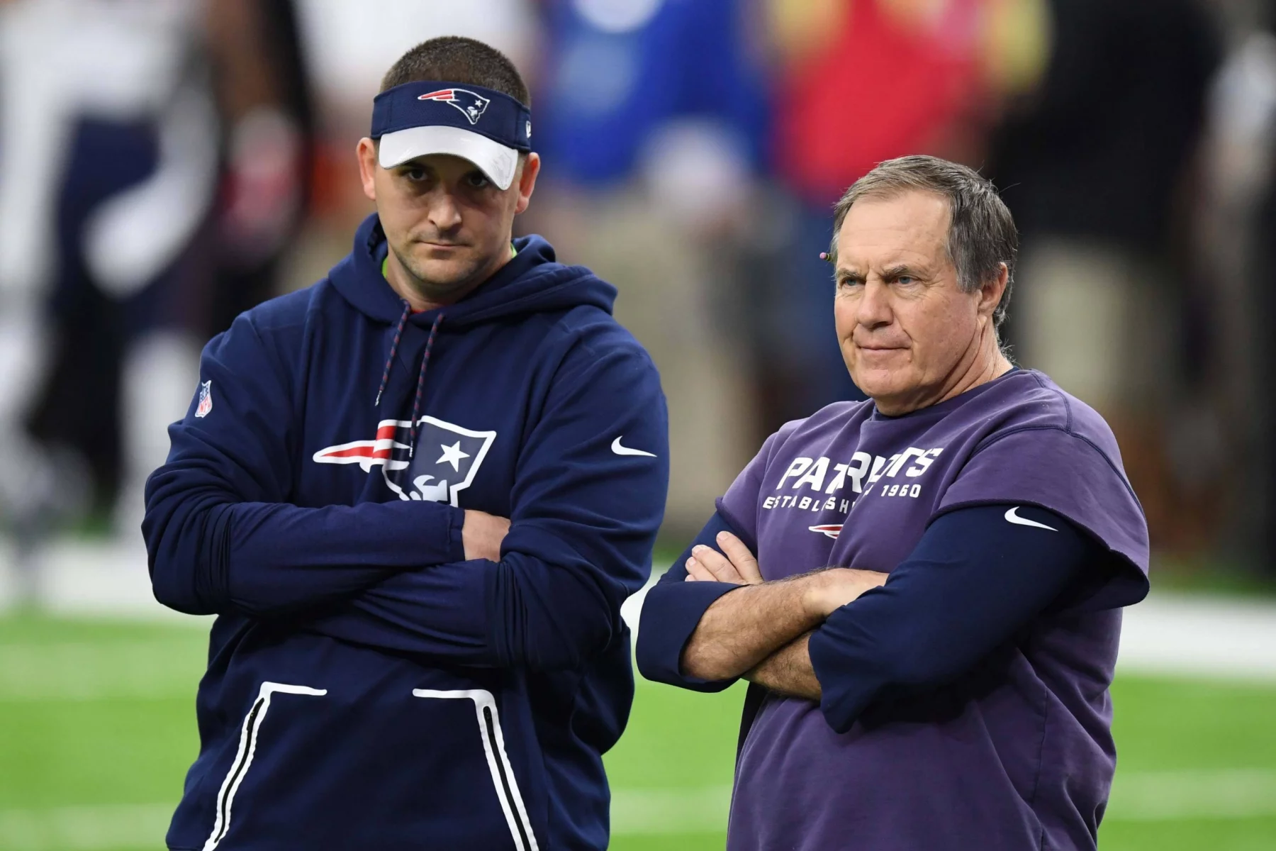 NFL, American Football Herren, USA Super Bowl LI-New England Patriots vs Atlanta Falcons, Feb 5, 2017 Houston, TX, USA New England Patriots special teams coach Joe Judge left looks on during warm-ups with head coach Bill Belichick before Super Bowl LI against the Atlanta Falcons at NRG Stadium. Mandatory Credit: Bob Donnan-USA TODAY Sports, 05.02.2017 16:43:13, 9861100, Super Bowl LI, New England Patriots, NPStrans, Joe Judge, NFL, NRG Stadium, Atlanta Falcons, Bill Belichick PUBLICATIONxINxGERxSUIxAUTxONLY Copyright: xBobxDonnanx 9861100