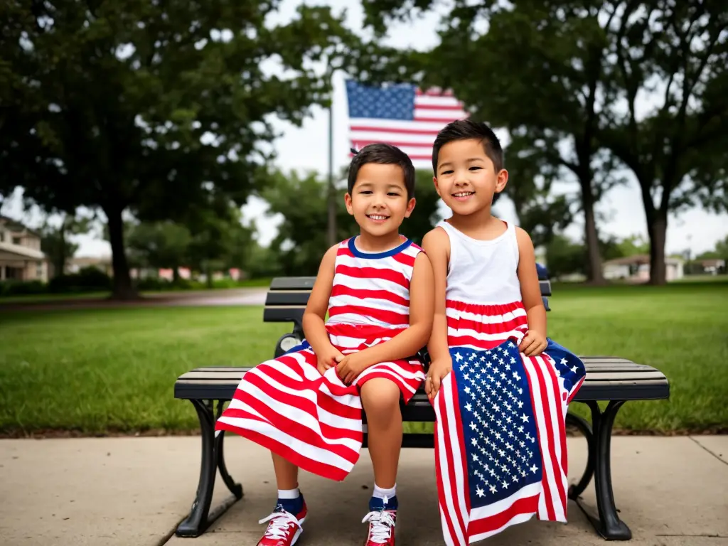 Zwillinge (Kinder) im Park - Im US amerikanischen Outfit