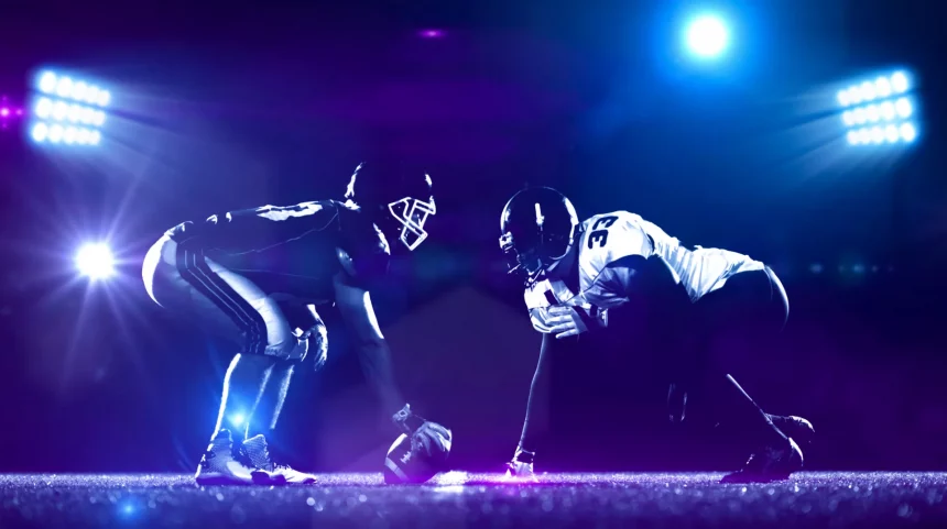 american football players are ready to start on field at night