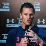 American football player Tom Brady for the New England Patriots of the National Football League (NFL) speaks during a football training camp in Shanghai, China, 20 June 2017.