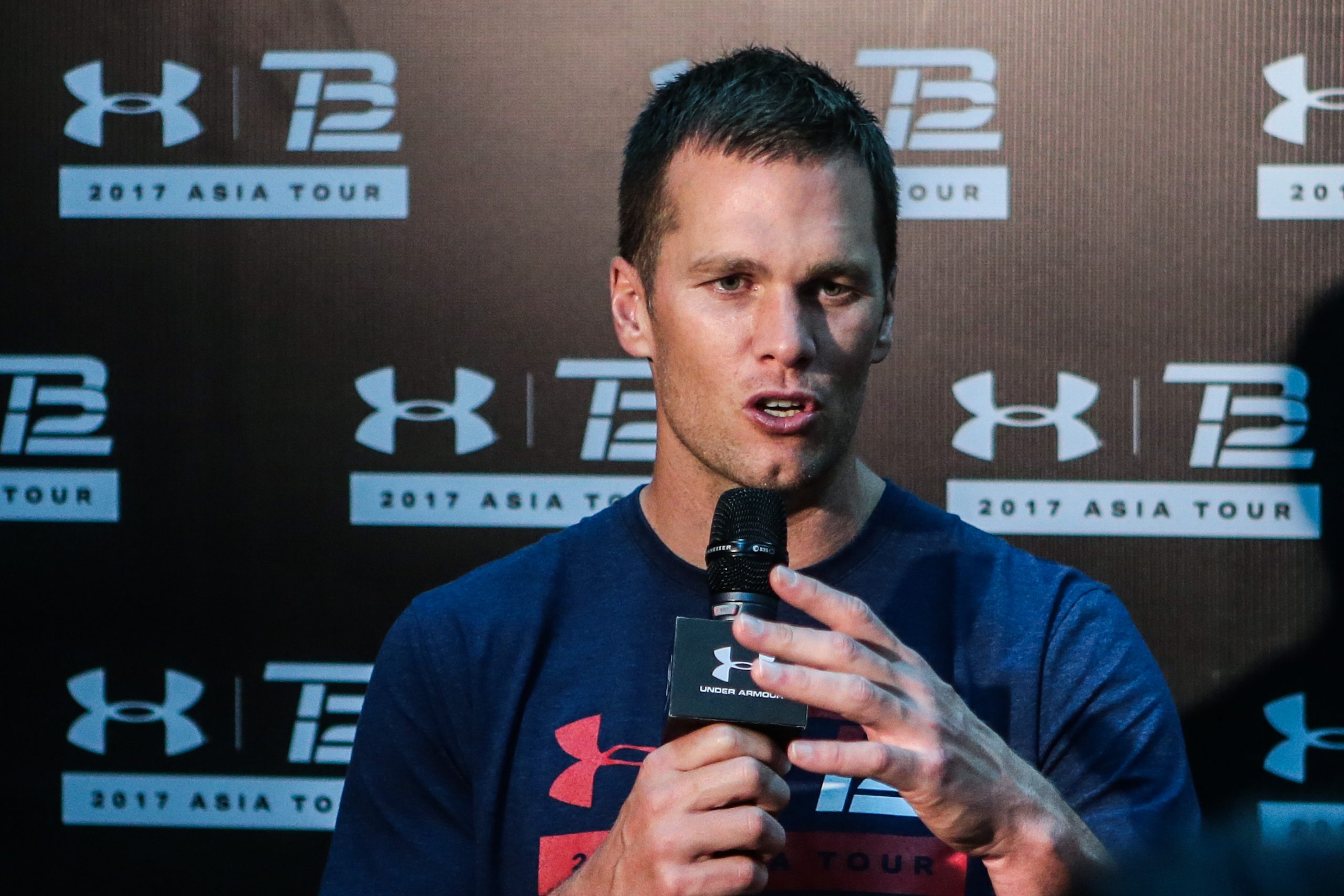 American football player Tom Brady for the New England Patriots of the National Football League (NFL) speaks during a football training camp in Shanghai, China, 20 June 2017.