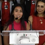 April 25, 2023, Mexico City, Mexico: Diana Flores, captain of the Mexican flag football team, at a press conference at the conclusion of the Gender Parity Forum in the World of Sports at the Senate in Mexico City. on April 25, 2023 in Mexico City, Mexico Mexico City Mexico - ZUMAe321 20230426_zia_e321_039 Copyright: xLuisxBarronx