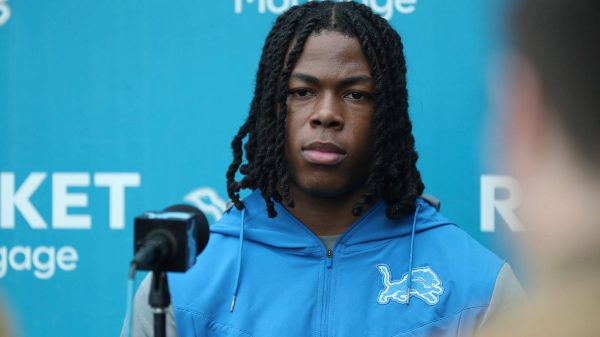 Syndication: Detroit Free Press Detroit Lions running back Jahmyr Gibbs talks to reporters after Rookie Minicamp Saturday, May 13, 2023. , EDITORIAL USE ONLY PUBLICATIONxINxGERxSUIxAUTxONLY Copyright: xKirthmonxF.xDozierx 20659172