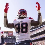 NFL, American Football Herren, USA New England Patriots at Cleveland Browns Oct 16, 2022 Cleveland, Ohio, USA New England Patriots running back Rhamondre Stevenson 38 celebrates his touchdown run against the Cleveland Browns during the second quarter at FirstEnergy Stadium. Cleveland FirstEnergy Stadium Ohio USA, EDITORIAL USE ONLY PUBLICATIONxINxGERxSUIxAUTxONLY Copyright: xScottxGalvinx 20221016_ams_bg7_0201