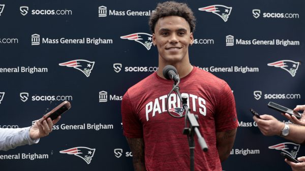 FOXBOROUGH, MA - JUNE 12: New England Patriots cornerback Christian Gonzalez 50 fields questions after New England Patriots Minicamp on June 12, 2023, at the Patriots Practice Facility at Gillette Stadium in Foxborough, Massachusetts. Photo by Fred Kfoury III/Icon Sportswire NFL, American Football Herren, USA JUN 12 New England Patriots Minicamp EDITORIAL USE ONLY Icon482230612159