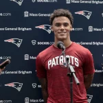 FOXBOROUGH, MA - JUNE 12: New England Patriots cornerback Christian Gonzalez 50 fields questions after New England Patriots Minicamp on June 12, 2023, at the Patriots Practice Facility at Gillette Stadium in Foxborough, Massachusetts. Photo by Fred Kfoury III/Icon Sportswire NFL, American Football Herren, USA JUN 12 New England Patriots Minicamp EDITORIAL USE ONLY Icon482230612159