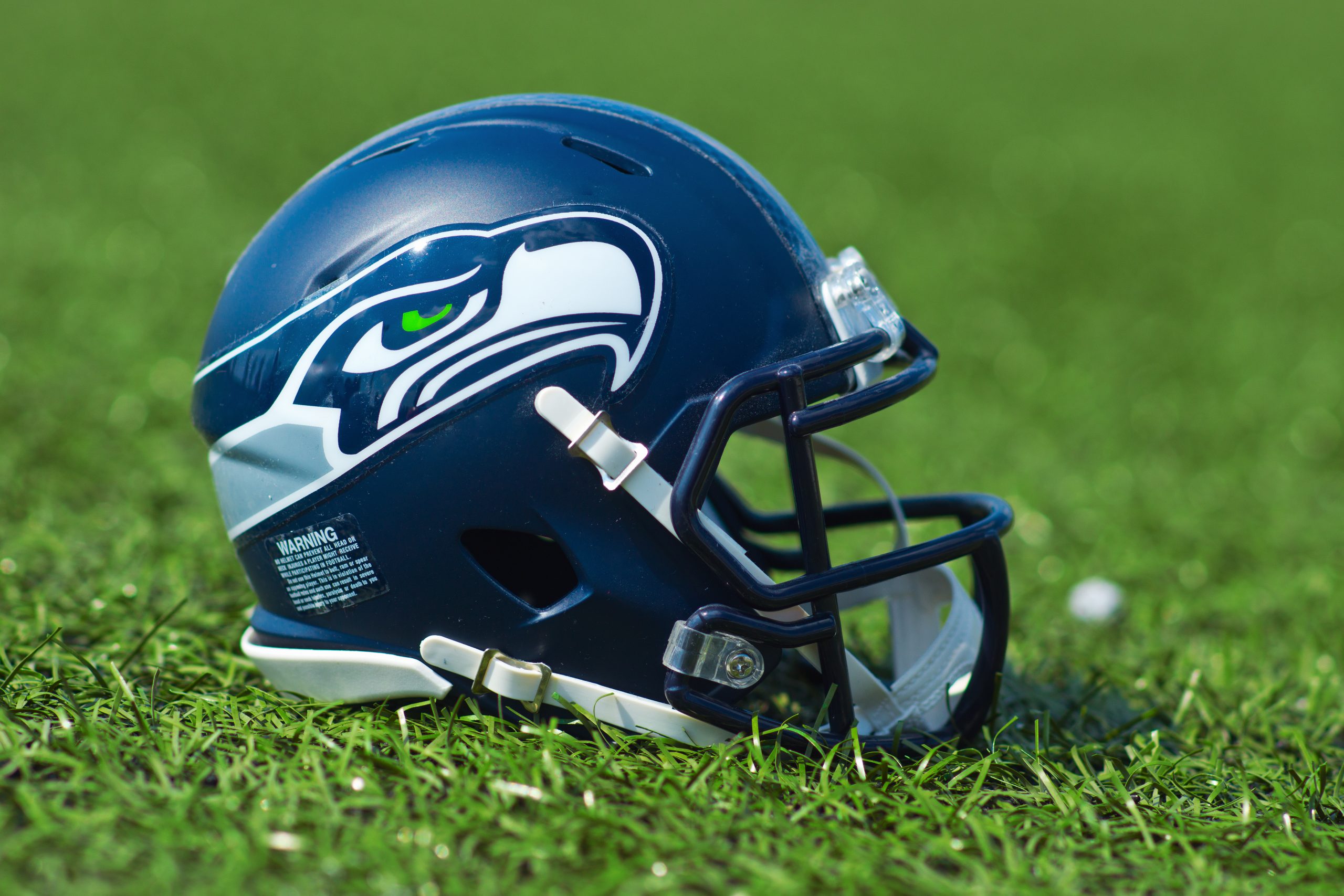 NFL Seattle Seahawks helmet on artificial grass playing turf , product shot
