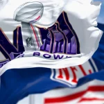 Paradise, US, June 2023: 58th Super Bowl, NFL and the United States flags waving. The game is scheduled to be played on Feb 11, 2024 in Paradise, Nevada. Illustrative editorial 3d illustration render