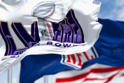 Paradise, US, June 2023: 58th Super Bowl, NFL and the United States flags waving. The game is scheduled to be played on Feb 11, 2024 in Paradise, Nevada. Illustrative editorial 3d illustration render