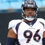 CHARLOTTE, NC - NOVEMBER 27: Denver Broncos defensive tackle Eyioma Uwazurike 96 during an NFL, American Football Herren, USA football game between the Denver Broncos and the Carolina Panthers on November 27, 2022, at Bank of America Stadium in Charlotte, N.C. Photo by John Byrum/Icon Sportswire NFL: NOV 27 Broncos at Panthers Icon221127032