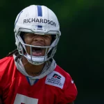 INDIANAPOLIS, IN - JUNE 07: Indianapolis Colts quarterback Anthony Richardson 5 screams after a drill during the Indianapolis Colts OTA on June 7, 2023 at the Indiana Farm Bureau Football Center in Indianapolis, IN. Photo by Zach Bolinger/Icon Sportswire NFL, American Football Herren, USA JUN 07 Indianapolis Colts OTA EDITORIAL USE ONLY Icon2306072270