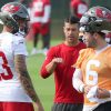 TAMPA, FL - JUN 15: Tampa Bay Buccaneers Wide Receiver Mike Evans (13) talks with Quarterback Baker Mayfield (6) talk as