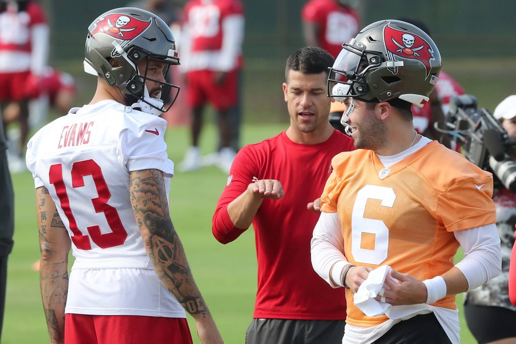 TAMPA, FL - JUN 15: Tampa Bay Buccaneers Wide Receiver Mike Evans (13) talks with Quarterback Baker Mayfield (6) talk as