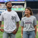 MLB, Baseball Herren, USA Baltimore Orioles at New York Yankees Jul 3, 2023 Bronx, New York, USA Buffalo Bills safety Damar Hamlin and Fordham softball player Sarah Taffet are honored by the New York Yankees as part of HOPE Week before the game between the New York Yankees and the Baltimore Orioles at Yankee Stadium. Bronx Yankee Stadium New York USA, EDITORIAL USE ONLY PUBLICATIONxINxGERxSUIxAUTxONLY Copyright: xVincentxCarchiettax 20230703_gav_cb6_067