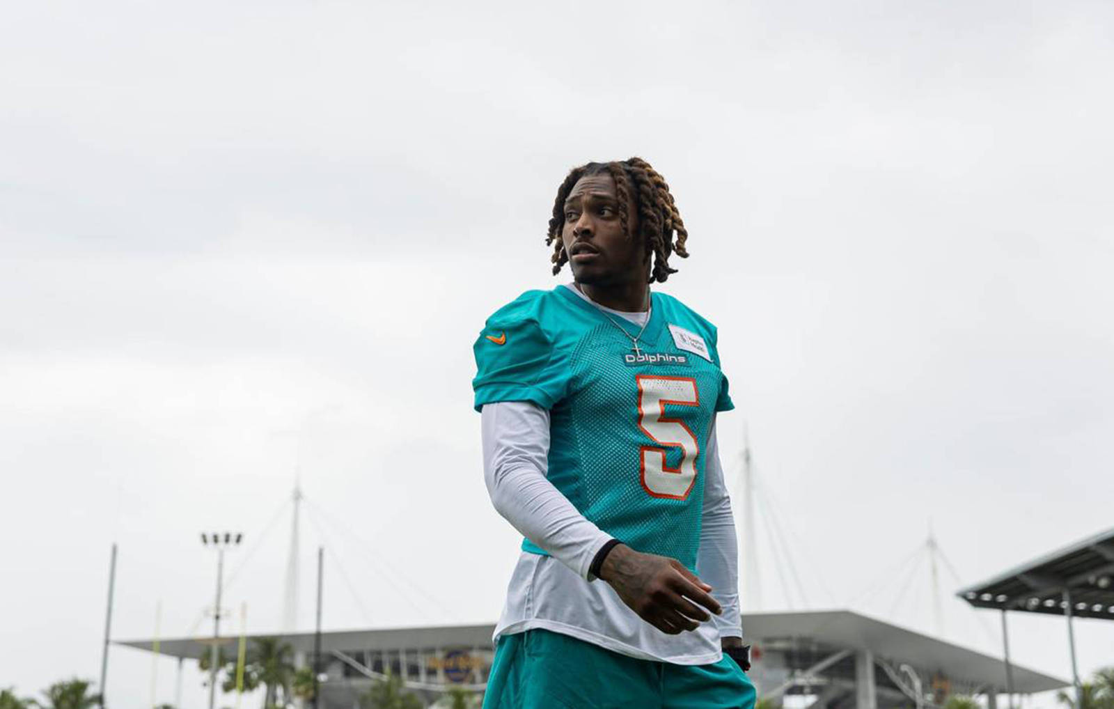 July 27, 2023: Miami Dolphins cornerback Jalen Ramsey 5 looks on before speaking to the media during team practice at the Baptist Health Training Complex on Tuesday, June 6, 2023, in Miami Gardens, Florida. - ZUMAm67_ 0300332539st Copyright: xMatiasxJ.xOcnerx