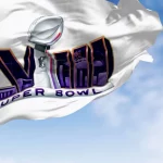 Paradise, US, June 24 2023: 58th Super Bowl flag waving on a clear day. The game is scheduled to be played on Feb 11, 2024 in Paradise, Nevada. Illustrative editorial 3d illustration render