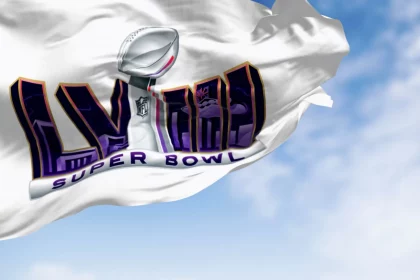 Paradise, US, June 24 2023: 58th Super Bowl flag waving on a clear day. The game is scheduled to be played on Feb 11, 2024 in Paradise, Nevada. Illustrative editorial 3d illustration render