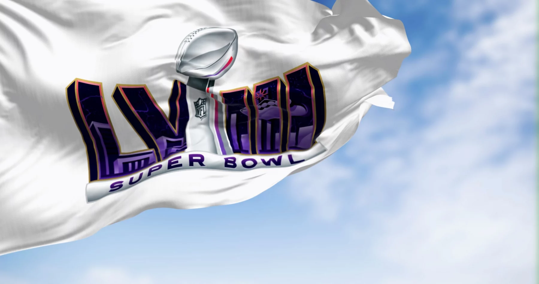 Paradise, US, June 24 2023: 58th Super Bowl flag waving on a clear day. The game is scheduled to be played on Feb 11, 2024 in Paradise, Nevada. Illustrative editorial 3d illustration render