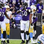 NFL, American Football Herren, USA Los Angeles Chargers at Baltimore Ravens, Oct 17, 2021 Baltimore, Maryland, USA Baltimore Ravens outside linebacker Justin Houston 50 reacts after sacking Los Angeles Chargers quarterback Justin Herbert 10 during the second half at M&ampT Bank Stadium. Mandatory Credit: Tommy Gilligan-USA TODAY Sports, 17.10.2021 15:49:20, 16976707, NPStrans, M&ampT Bank Stadium, Justin Houston, NFL, Baltimore Ravens, Justin Herbert, Los Angeles Chargers PUBLICATIONxINxGERxSUIxAUTxONLY Copyright: xTommyxGilliganx 16976707