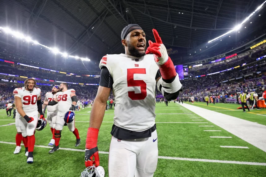 NFL, American Football Herren, USA NFC Wild Card Round-New York Giants at Minnesota Vikings Jan 15, 2023 Minneapolis, Minnesota, USA New York Giants defensive end Kayvon Thibodeaux 5 reacts after winning a wild card game against the Minnesota Vikings at U.S. Bank Stadium. Minneapolis U.S. Bank Stadium Minnesota USA, EDITORIAL USE ONLY PUBLICATIONxINxGERxSUIxAUTxONLY Copyright: xMattxKrohnx 20230115_jcd_hw1_0183