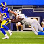 NFL, American Football Herren, USA 2023: Chargers vs Rams AUG 12 August 12, 2023 Inglewood, CA.Los Angeles Rams quarterback Stetson Bennett 13 is pressured and sacked by Los Angeles Chargers defensive tackle CJ Okoye 67 in action in the fourth quarter during the NFL Preseason football game against the Los Angeles Chargers..Mandatory Photo Credit: Louis Lopez/Cal Media/Sipa USA Credit Image: Louis Lopez/Cal Sport Media/Sipa USA Inglewood California United States of America NOxUSExINxGERMANY PUBLICATIONxINxALGxARGxAUTxBRNxBRAxCANxCHIxCHNxCOLxECUxEGYxGRExINDxIRIxIRQxISRxJORxKUWxLIBxLBAxMLTxMEXxMARxOMAxPERxQATxKSAxSUIxSYRxTUNxTURxUAExUKxVENxYEMxONLY Copyright: xCalxSportxMediax Editorial use only