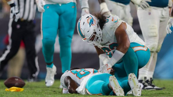 FootballR - NFL - Daewood Davis, Spieler der Miami Dolphins, wurde während des Spiels vom Spielfeld geworfen.