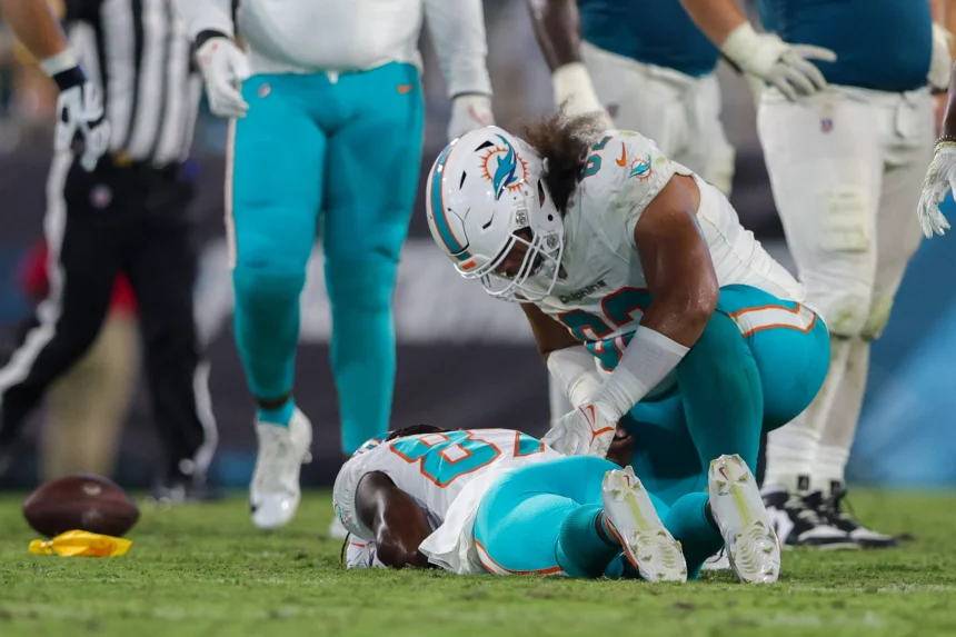 FootballR - NFL - Daewood Davis, Spieler der Miami Dolphins, wurde während des Spiels vom Spielfeld geworfen.